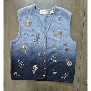 Marisa Christina Blue Ombre Embroidered Floral Wool Sweater Vest Cottagecore